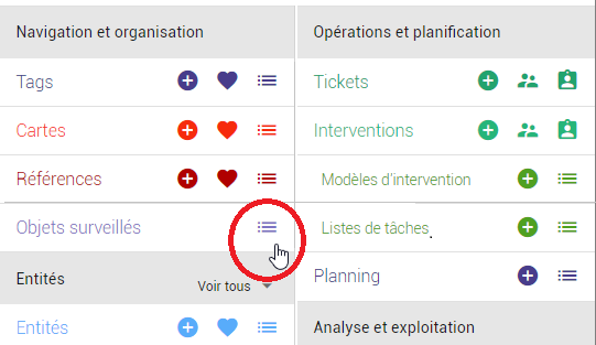 Accès aux objets surveillés depuis le menu principal