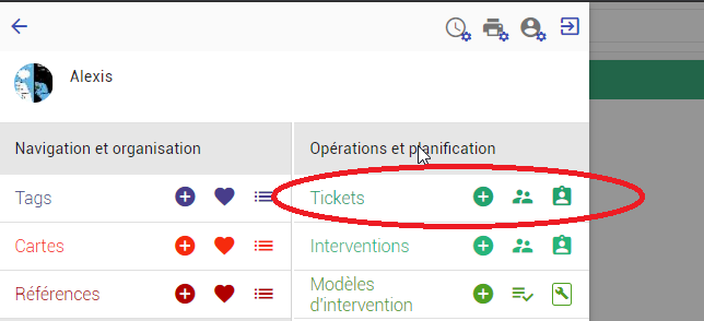 Accès aux tickets depuis le menu principal