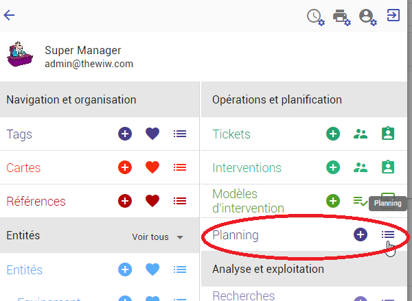 Accès à la liste des plannings depuis le menu principal