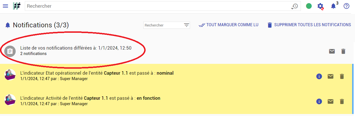 Une notification groupée et deux notifications élémentaires