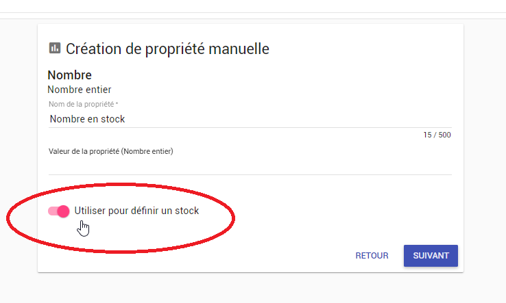 Création d'une propriété de type stock