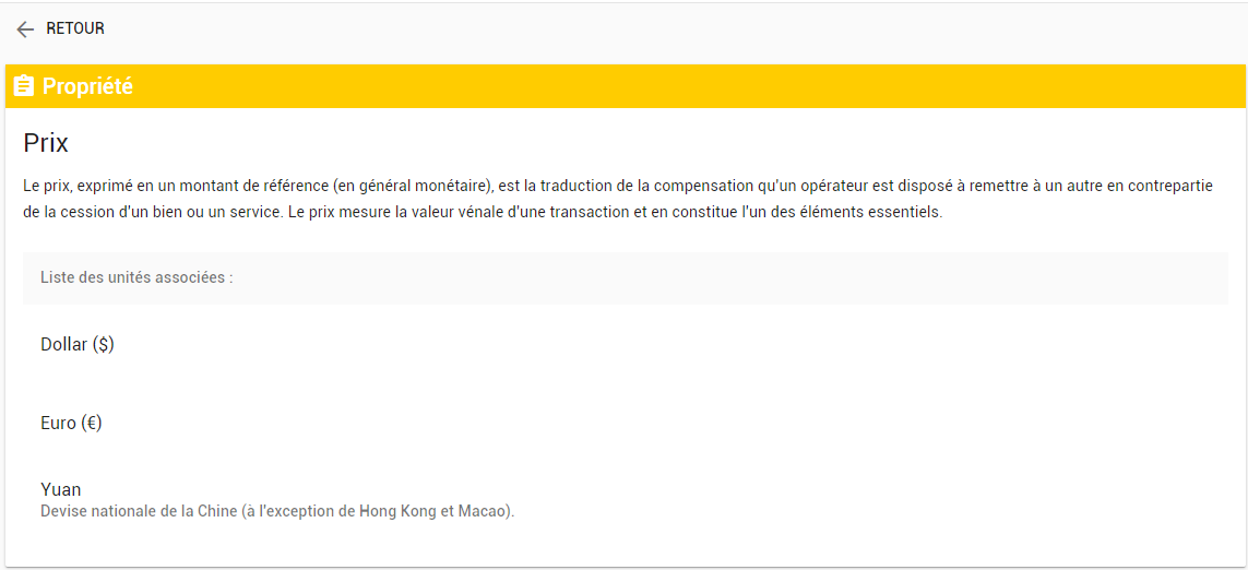 Définition des types de propriétés et unités associées