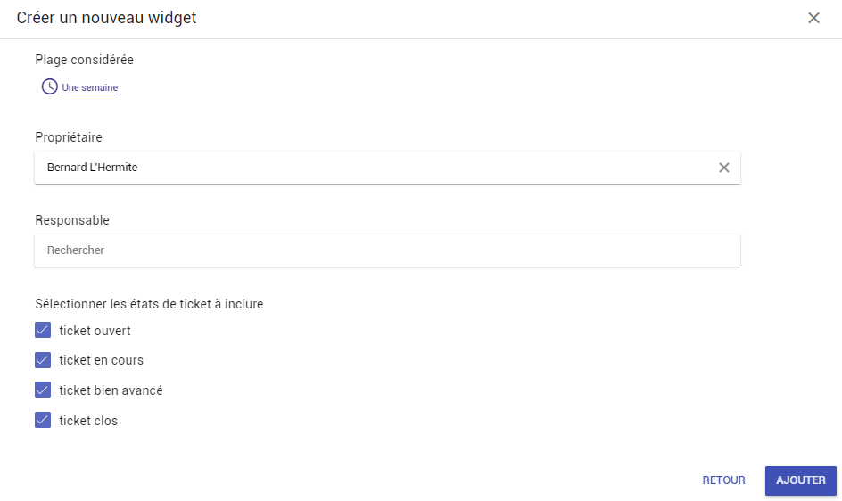 Définition d'un widget "Résumé sur les tickets"