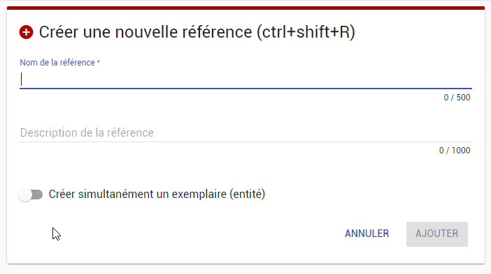 Dialogue de création d'une nouvelle référence
