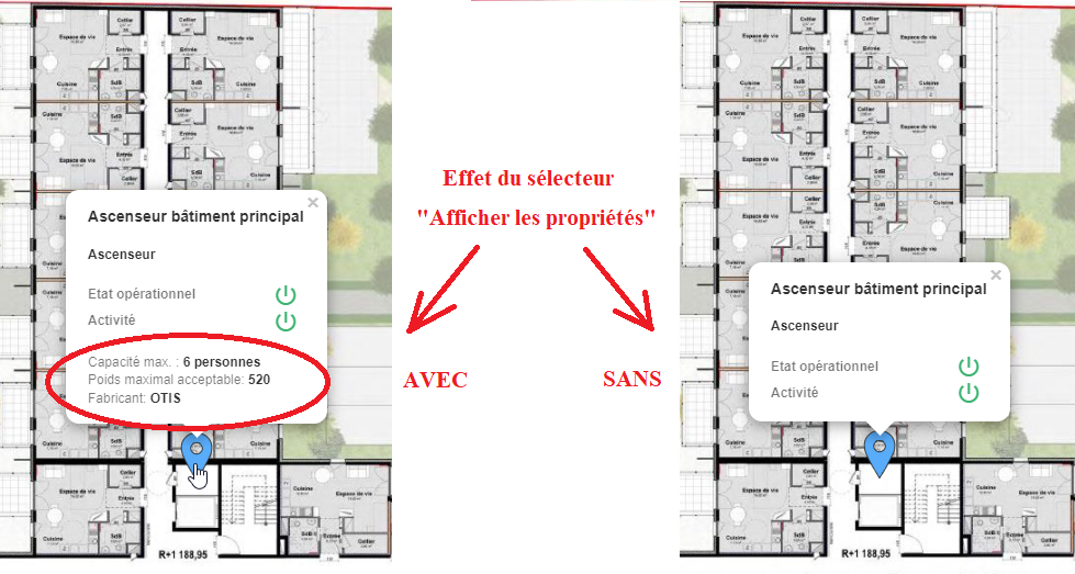 Avec (gauche) ou sans (droite) affichage des propriétés de l'entité