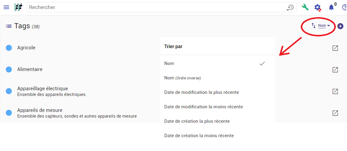 Une liste de tags et les différentes clés de tri