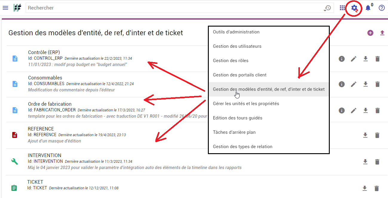 Liste des templates de l'environnement