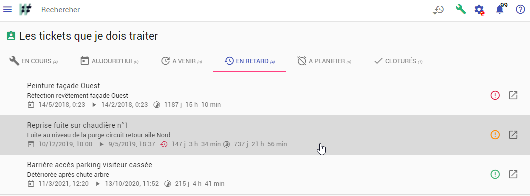 Les tickets en retard parmi ceux que je dois traiter