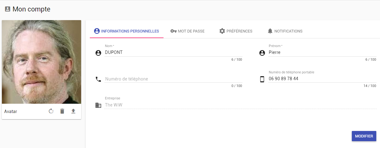 Les quatre onglets du compte utilisateur