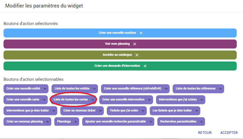 Paramétrage bouton d'action dans widget