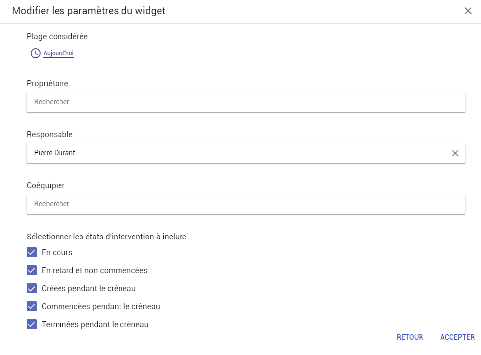 Paramétrage du widget "Résumé sur les interventions"