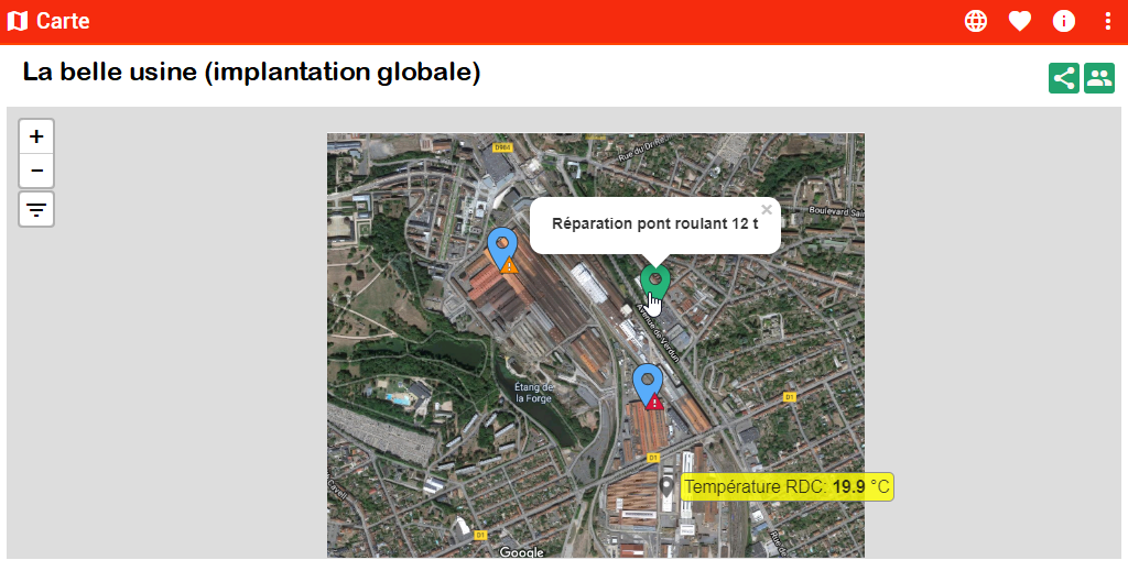 Objets punaisés sur une carte