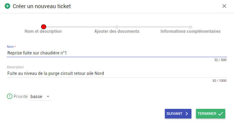 Wizard de création d'un nouveau ticket